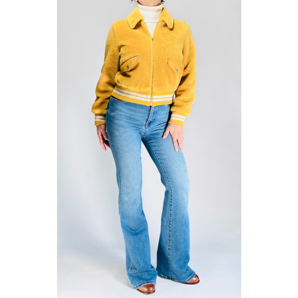Samantha Sipos Shearling Bomber Jacket Collared Full Zip Pockets Size XS Yellow - Picture 15 of 16